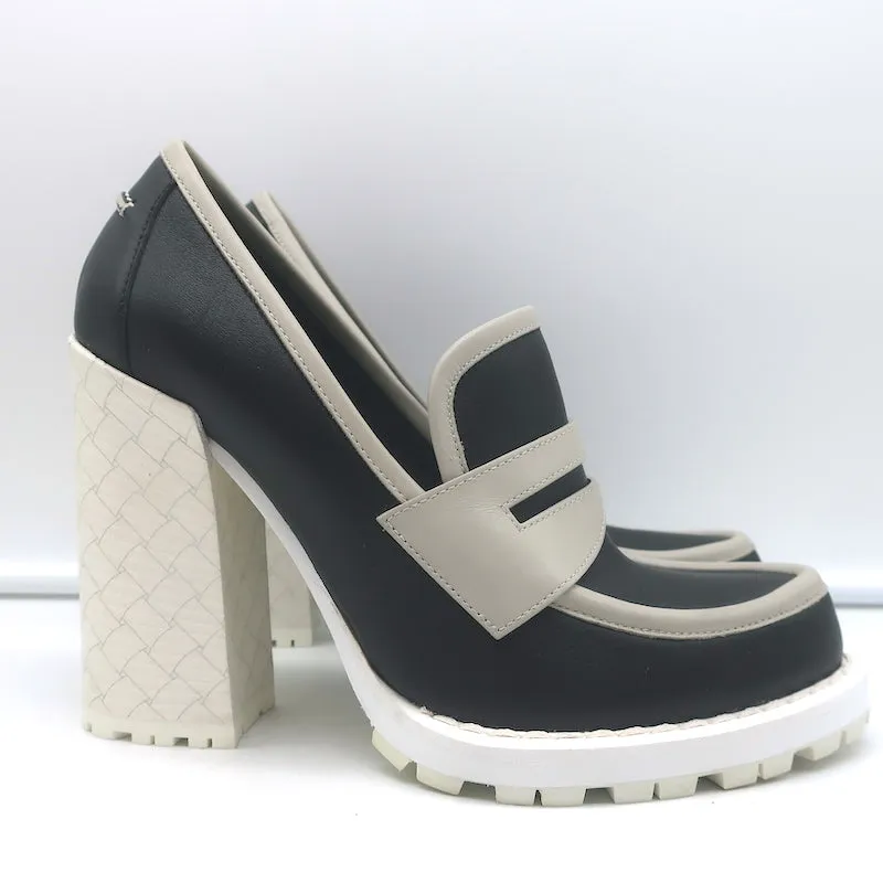 Bottega Veneta Platform Penny Loafer Pumps Black & Gray Leather Size 38